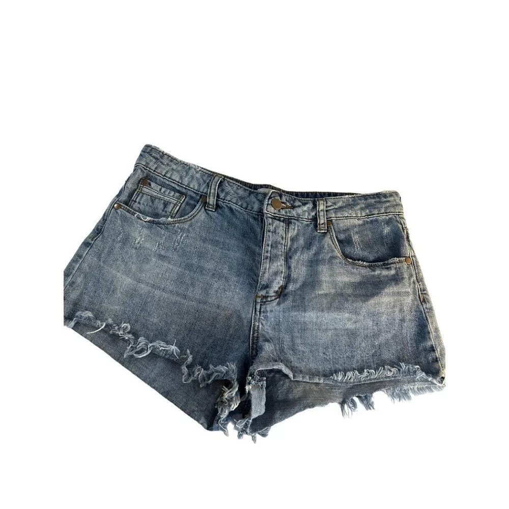 BP Womens Jean Shorts Distressed Cut Off Button Fly Med Wash Size 28